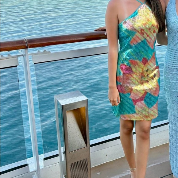 Junior’s T-Neck Lily Placement Sequin Bodycon Dress - Picture 2 of 6